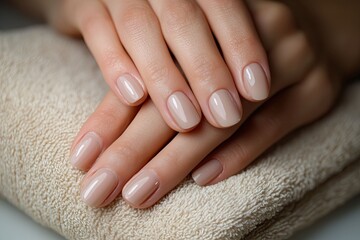 Women's hands on towel with light manicure close-up