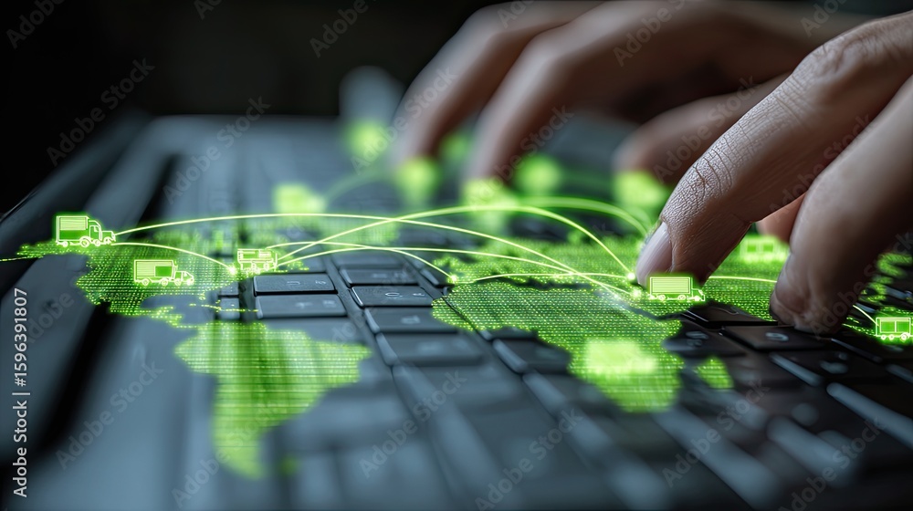 Poster hands typing on laptop keyboard with glowing green global network map overlay