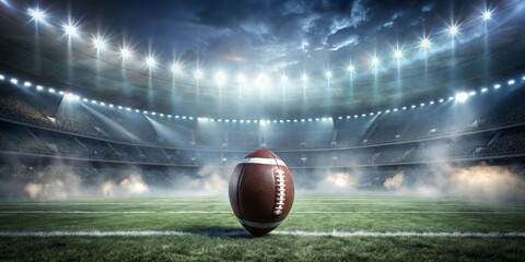 A solitary football rests on the meticulously maintained turf of a grand stadium, bathed in the ethereal glow of stadium lights, ready for the thrill of the upcoming game.
