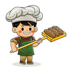 Man Cartoon Baker with Bread and Apron