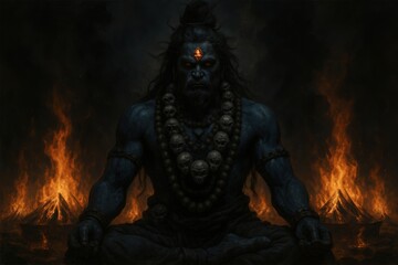 Fototapeta premium Dark Mythical Sorcerer with Skull Jewelry Meditating in Fiery Lava Landscape