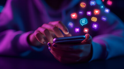 Woman using smartphone with social media icons floating above