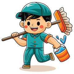 Man Cartoon Cleaner holding Floor Brush