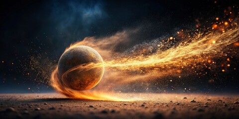 Fiery Celestial Body Rolling Across a Dusty Plane, Leaving a Trail of Glowing Embers and Sparks