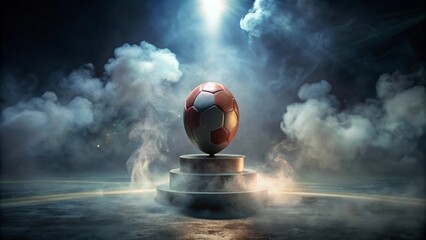 A championship soccer ball rests majestically on a tiered pedestal, enveloped in atmospheric smoke and dramatic lighting, a symbol of victory and triumph.