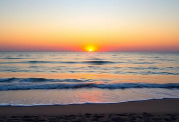 Fototapeta premium Serene sunset over calm ocean, beach sand visible, horizon, coastline