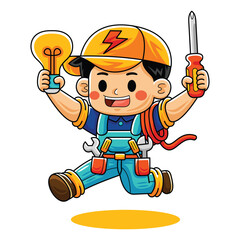 Man Cartoon Electric Worker with Screwdriver and Lamp