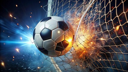 A Fiery Soccer Goal Ball Exploding Through Net with Dynamic Light Effects