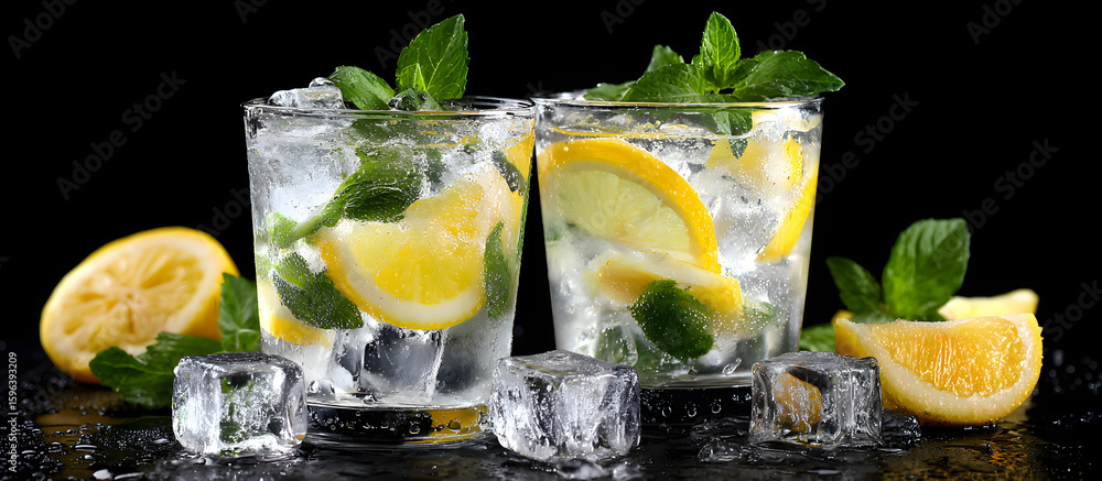 Poster refreshing lemonade in two clear glasses with mint leaves and lemon slices on ice against a smooth b