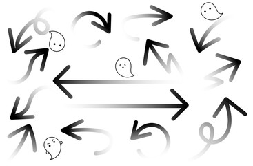 手書きおばけつきハロウィーンイメージ矢印　モノクロ