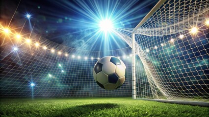 A Thrilling Moment of Victory Soccer Ball Soaring Towards the Net Under Stadium Lights