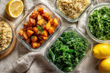 top view of meal prep containers with roasted sweet potatoes quinoa kale and lemons on linen towel, concept of healthy eating and plant-based food for wellness guides, nutrition blogs, meal services