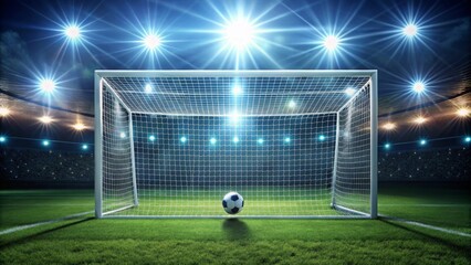 A soccer ball rests before the goal in a brightly lit stadium