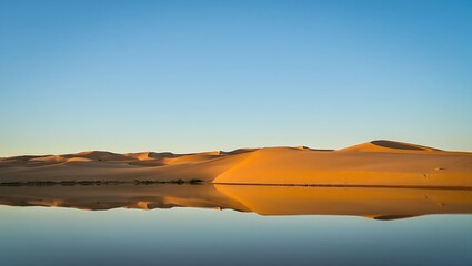 Golden desert dunes reflected in calm water under a clear blue sky sand reflection