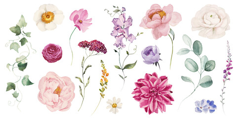Naklejka na ściany i meble Watercolor floral elements set - bright peach color, white, pink, blue flowers, rose, peony, poppy, tulips, sweet pea, chamomile, ranunculus, buttercups. Green branches. Wedding invitation, clipart.