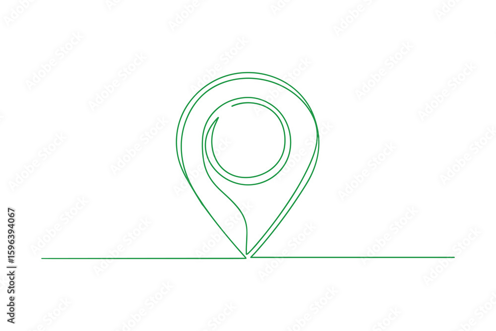 Poster green continuous line art of a location pin pointer, map point marker, vector illustration.