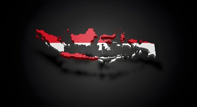 3D Map of Indonesia with National Flag Colors on Dark Background