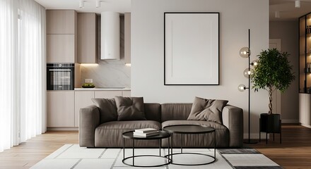 Fototapeta premium Cozy modern living room with natural light and plant