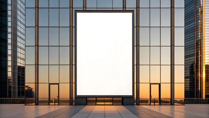 Modern skyscraper with blank billboard at sunset glass