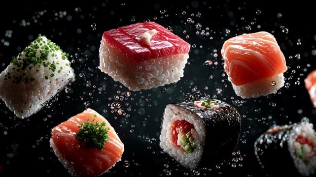 Sushi on a dark background. Fresh seafood and rice food. Bright sushi rolls with tuna and avocado in masago caviar. Japanese style food serving. Golden dragon sushi roll with crab flying on dark backg