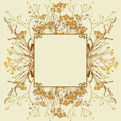 Retro frame with herbs and flowers. Old style, antique invitation template card