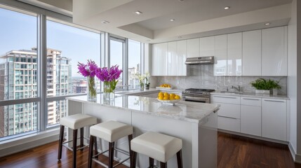 Modern White Highrise Kitchen with City View