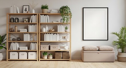Cozy Scandinavian Living Room with Bookshelves and Plants