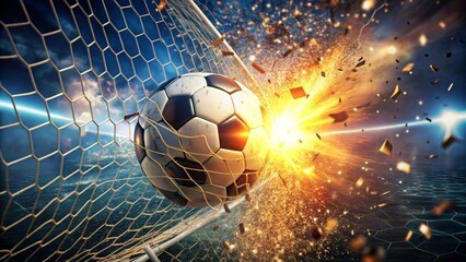 A soccer ball explodes through the goal net, creating a fiery spectacle of energy and motion.