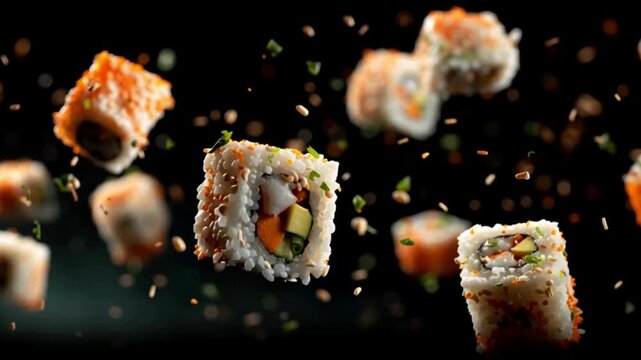 Sushi on a dark background. Fresh seafood and rice food. Bright sushi rolls with tuna and avocado in masago caviar. Japanese style food serving. Golden dragon sushi roll with crab flying on dark backg
