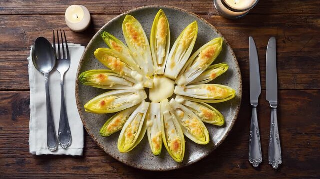 French Endive Gratin, baked endives with cheese and b&eacute;chamel sauce, golden and bubbling, elegant dining table with soft candlelight

