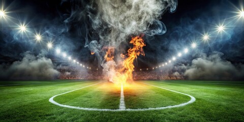 Fiery Stadium Night  A Dramatic Scene of Intense Flames and Smoke Erupting on a Lush Green Field Under Brilliant Stadium Lights