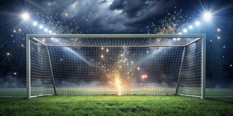 Nighttime Soccer Goal with Sparkling Fireworks Display and Stadium Lights