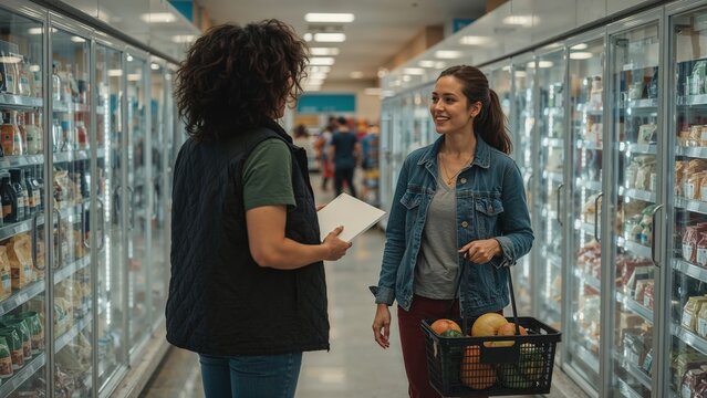 Two happy women shopping for groceries in a supermarket frozen food aisle