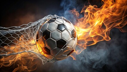 Fiery Soccer Ball Exploding Through Net in a Dramatic Blaze of Glory