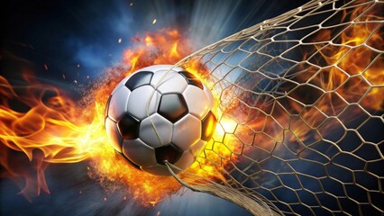 Fiery Soccer Ball Exploding Through Goal Net A Dynamic Image of Intense Competition and Triumph