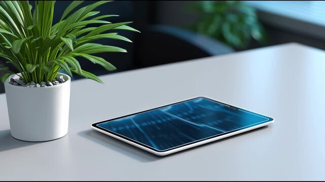 Modern tablet rests on a sleek desk beside a decorative plant in a bright workspace
