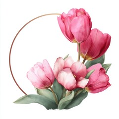 Fototapeta premium A floral composition with a circular frame and delicate pink tulips. The tulips are vibrant with lush green leaves, creating a beautiful arrangement