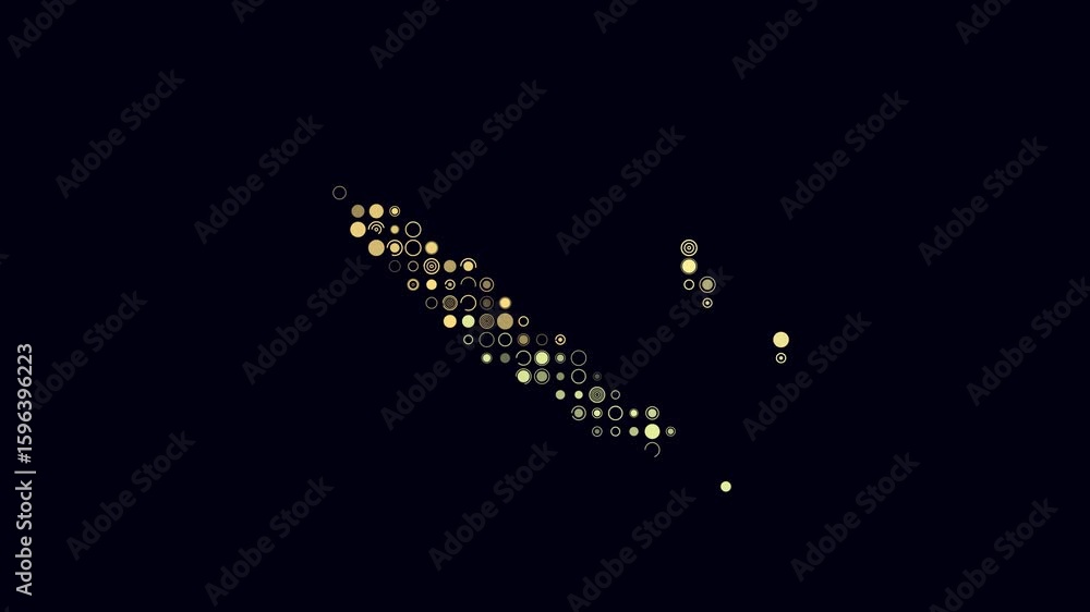 Poster new caledonia dotted animation. shape of the country build of pulsating colored dots. large size cir