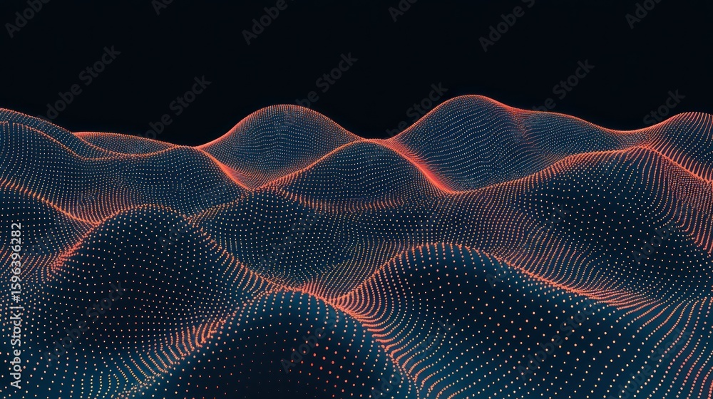 Poster abstract digital waveform visualization with glowing dots and smooth hills in dark background
