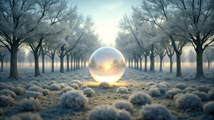 Reflective Orb in a Frosty Winter Wonderland A Mystical Sunrise Scene with Trees