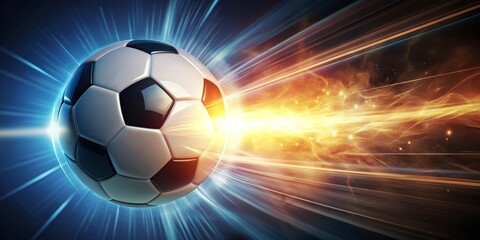 A soccer ball streaks across a vibrant, dynamic background, leaving a fiery trail of light and energy. This powerful image evokes speed, excitement, and the thrill of competition.