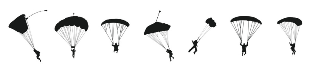 skydiving set silhouettes skydiver parachute extreme sport different pose gesture isolated