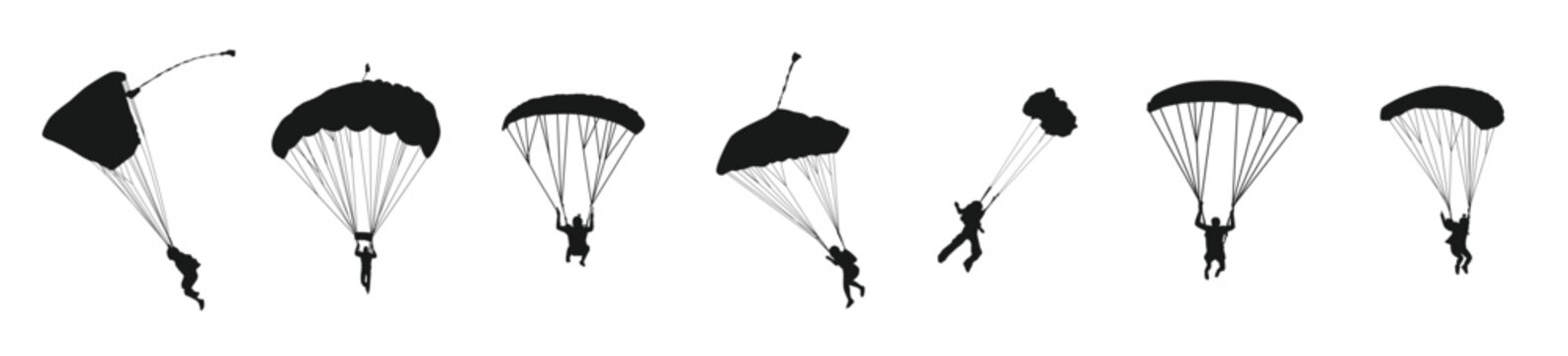 skydiving set silhouettes skydiver parachute extreme sport different pose gesture isolated