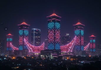 Jakarta skyscrapers at night, illuminated with beautiful light patterns and colors