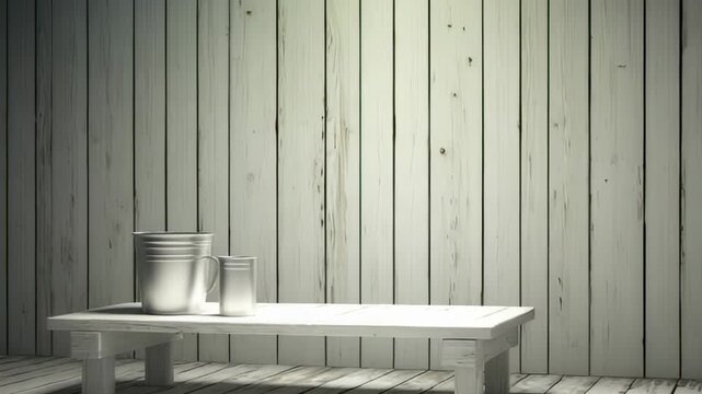 Rustic white wooden wall with small metal containers