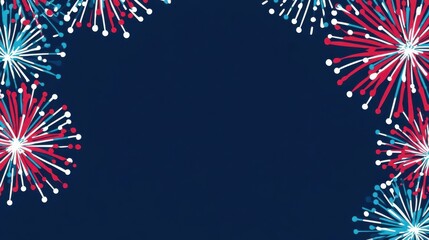 Happy 4th of July banner design showing dark blue background with colorful fireworks