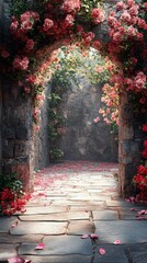 Fototapeta premium Stone Archway Covered in Roses with Petals on Pathway