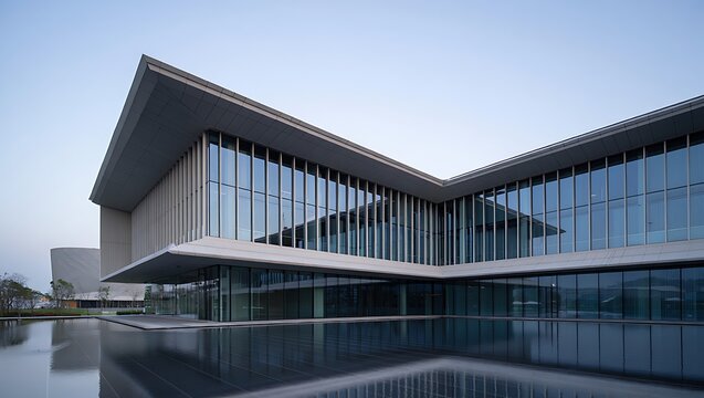 Modern Architectural Building With Reflective Water Feature architecture glass