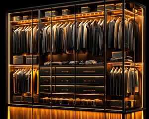 A luxurious modern illuminated wardrobe displays suits and accessories
