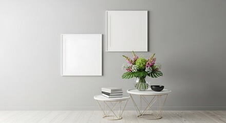 Minimalist living room with empty frames and floral arrangement